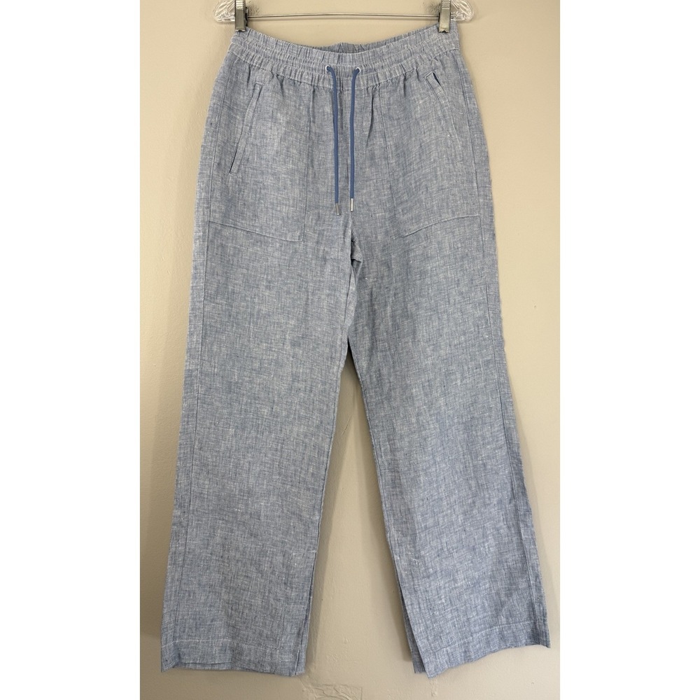 Athleta Linen Wide Leg Pants‎ Women's 4 Blue Drawstring Split Bottom Hem EUC